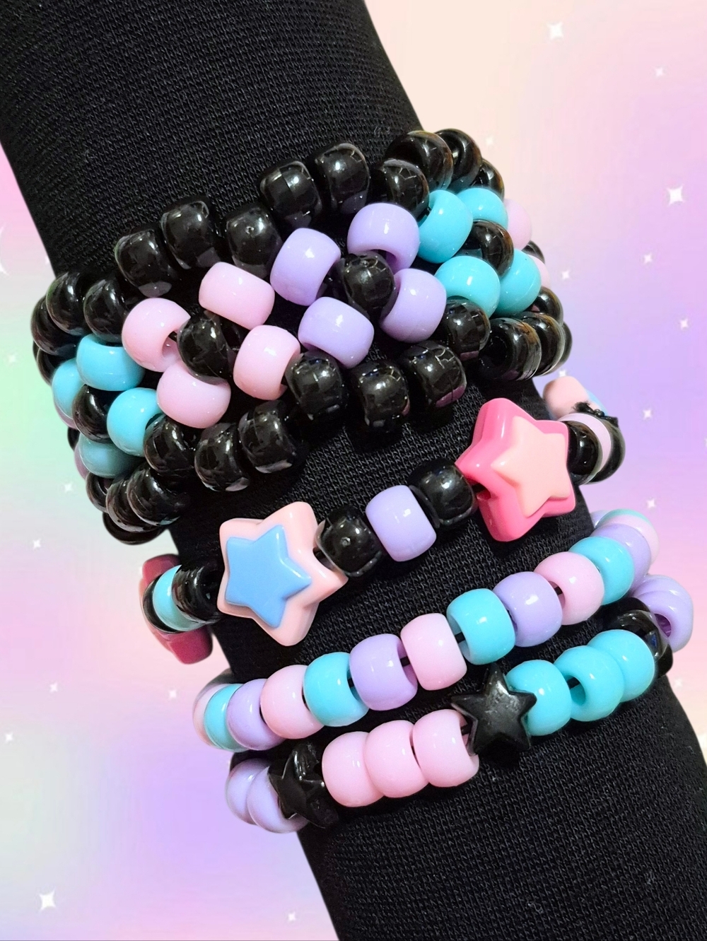 X Base Kandi Cuff and Bracelet Set - Black and Pastel